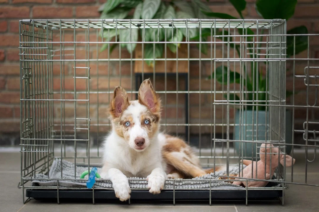 a brown and white dog inside of a cage