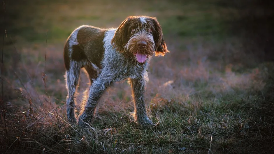 Spinone Italiano dog standing in a grassy field at sunset in Burgenland, Austria.